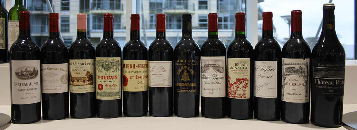 A selection of the top Right Bank wines - including the special Angélus and Pavie bottles and Eglise Clinet, the overall winner.
